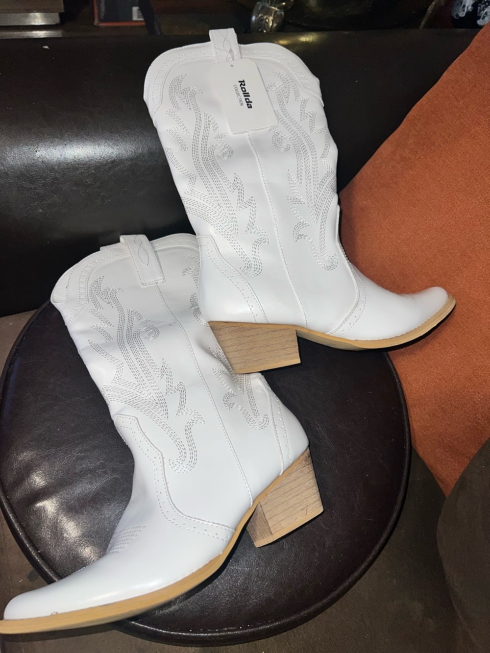 ROLLDA white mid calf western cowboy boots for women’s size 11
